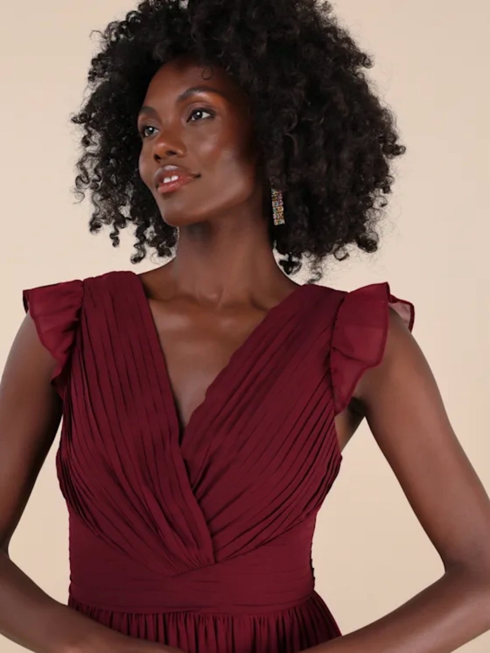 Lulu's Deep Burgundy V-Neck Ruffle Sleeve Maxi Dress - Picture 3 of 3